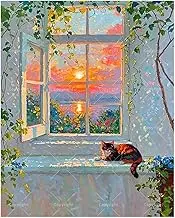 Animal and Plant Paint by Numbers Kit for Adults - DIY Cat Watching Sunset from Window Painting on Canvas 16x20 Inches, Acrylic Paint Set,Suitable for Beginners,Cozy Art for Decoration/Gifts