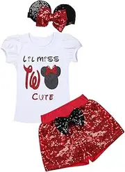 [FEESHOW] Baby Girls 3Pcs Lil Miss Outfit Short Sleeves Letters Tops with Sequined Shorts Pants Bowknot Headband Set
