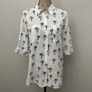 Chico's Top Womens Size 2 Linen Cotton Palm Tree Print Button Front Shirt NWT