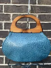 NWT Patricia Nash Mirabella Wood Frame Satchel Crossbody Leather Mirage Blue