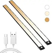 Sonicefit 2Pack Under Cabinet Lights,3-Color Dimming Led Motion Sensor Light Indoor,74-Led USB Rechargeable Under Counter Lights,Night Lights for Closet,Kitchen,Cabinet,Baby Room (Black, 40CM Length)