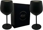 K&K Home Black Matte Stainless Steel Unbreakable Wine Glasses - 18 oz - Set of 2 Colored, Stemmed Metal Wine Glasses Perfect for Outdoors, Weddings, and Parties