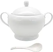 REANRO Porcelain Soup Tureen with Lid and Ladle Set, Double-Ear Covered Tureen Classic Serving Bowl for Soups, White