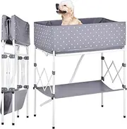 Oppsbuy Foldable Pet Grooming Station, Elevated Dog Bath Tub with Storage Shelf, Grey with Stars Pattern