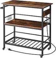 IBUYKE Kitchen Island with 3 Shelves, Island Table for Kitchen with Power Outlet,Kitchen Cart with Large Worktop,Rolling Bar Cart for Home, Outdoor, Kitchen TMJ024H