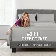 Deep Pocket Queen Bed Sheets – 4-Piece Includes: Real 16” Inch Extra Deep Pocket Fitted Sheet [Best-Fit for 14”-18 Mattress] – Oversize Flat Sheet – 1 Zipper Closure Pillowcase – Silver Light Gray