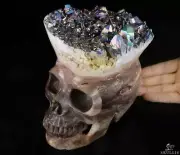 Lifesized 7.3" Quartz Rock Crystal Druse Carved Crystal Skull, Crystal Healing
