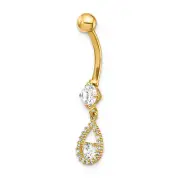 Avariah Solid 14K Yellow Gold 14 Gauge CZ Teardrop Dangle Belly Ring - 34mm