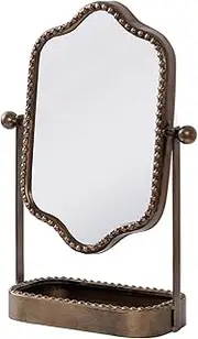 HuiDao Vintage Tabletop Makeup Mirror with Tray, Metal Antique Decorative Mirror with Stand, 360°Swivel Retro Desktop Dressing Mirror Countertop, Bedroom,Bathroom, Living Room