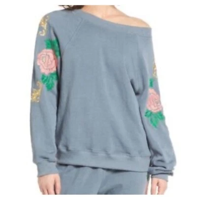Wildfox Embroidered Sweatshirt Womens Large Dusty Blue Rose Floral Pullover v