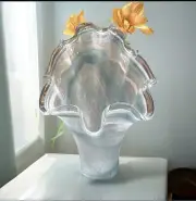 Large Blue Teal Swirl Murano Fluted Glass Clam Shell Vase 18” Height X 14” Wide