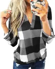 [Tophoopp] Tops for Women, Women's Basic V Neck Plaid Shirts Cuffed Casual Long Sleeve Loose Tops Blouses