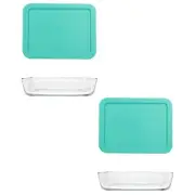 Pyrex (2) 7210 3 cup Glass Dishes & (2) 7210-PC 3 cup Light Green Lids