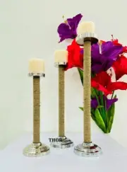 Set of 3 Home Decor Silver Centerpiece Roped Pillar Candle Holder For Fireplace