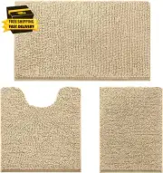 3 Pieces Bathroom Rugs, Ultra Soft Non Slip Absorbent Chenille Toilet Bath Mat S