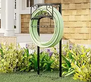 Kingson Portable Garden Hose Holder with Storage Basket - Heavy-Duty Freestanding Steel Stand, Holds 150FT Hose, Black Powder-Coated Finish, Detachable & Space-Saving Design with Tools