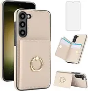 [Asuwish] Phone Case for Samsung Galaxy S23 5G Cover with Tempered Glass Screen Protector and RFID Card Holder Slot Ring Kickstand Cell Accessories S 23 23S GS23 G5 SM-S911U 6.1 inch Women Men Off White
