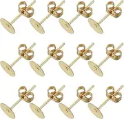 sourcing map 200Pcs Earring Posts and Backs, 6mm/0.24inch Flat Pad Blank Earring Tray Studs with Butterfly Backs for Craft Jewelry DIY, Light Gold