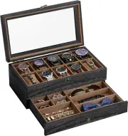 10 Slot Wooden Watch Box Organizer Glass LId Gifts for Men 2 Tier Display Case