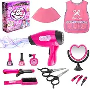 Girls Beauty Salon Set Pretend Play Hair Stylist Toy Kit with Barber Apron, Hair Dryer, Curling Iron, Mirror, Scissors and Styling Accessories