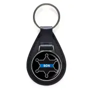 Thin Blue Line Son Sheriff Badge Black Leather Keychain Silver Keyring Military
