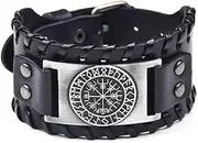 [AIMALL] Viking Rune Compass Men's Bracelet, Adjustable Leather Cuff Wrist Strap, Retro Punk Style Amulet in Bronze, Silver, Copper, 27.5cm Length (Silver)