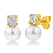 9ct Yellow Gold Freshwater Pearl and Zirconia Studs