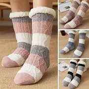 [Generic] Women Warm Socks Stockings Stripes Winter Soft Cute Thick Floor Socks House Slippers Grey