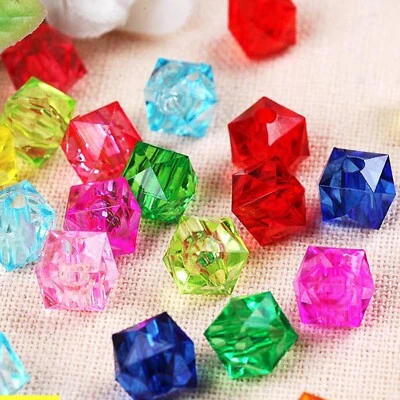 100 Mixed Colour Transparent Acrylic Faceted Cube Beads 10X10mm
