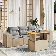 5 Piece Beige Poly Rattan Garden Sofa Set with Cushions – Patio Furniture Set, Outdoor Wicker Chairs & Table – Small Modular Conversation Piece for Porch, Balcony or Garden