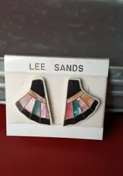 Vintage Lee Sands Inlay Pink Blue Black Abstract Shell Feather Pierced Earrings