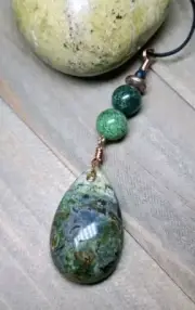 Natural Green Opal Pendant Earthy Boho Beaded Copper Wired Crystal Healing