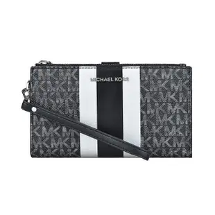 【Michael Kors】MK MICHAEL KORS ADELE DBLZP金屬LOGO條紋緹花PVC釦式手拿長夾(黑x灰)