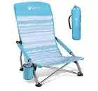 VILLEY Low Beach Chair High Back Folding Beach Chair Blue w/Cup Holder Carry Bag