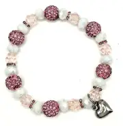 8" Sparkling Pink & White Glass Valentine's Day STRETCH Bracelet w Heart Charm