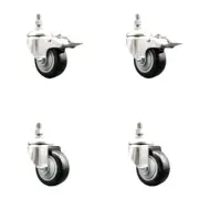 3 Inch 316SS Black Polyurethane 3/8 Inch Threaded Stem Caster Set 2 Lock Brake