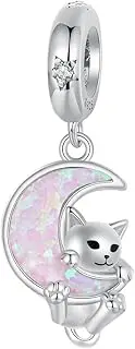 [DOYIS] Moon Cat Charms for Pandora Bracelets,Sterling Silver Opal Beads Charms,Jewelry for Women Girls Friend