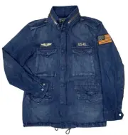 Polo Ralph Lauren Patch Field Military USA Flag Hooded Denim Jacket Men's Size L
