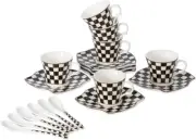 Checker Coffee Cups and Saucers, Espresso Cups Set of 6