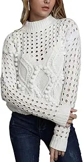 [SOMTHRON] Women's Cropped Loose Perforated Knitwear Jumper Hollow Out Knit Pompom Pullover Sweater