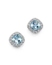 Aquamarine Cushion Cut and Diamond Stud Earrings in 14K White Gold