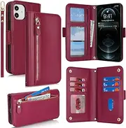 [SunYoo] for iPhone 12 Pro Case Leather Wallet with Card Holders Money Slots Wrist Strap for Women Men RFID Blocking Purse for iPhone12 Pro Zipper Coin Pocket Cover Kickstand Folio Flip Case Red