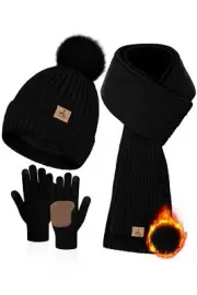 Women Winter Beanie Hat Scarf Gloves Set, Fleece Knitted Pompom Hat Warm Neck...