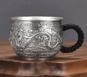 S999 Fine Silver Tea Cup Dragon Phoenix Carved Handle Health Care Drinking