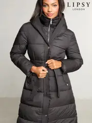 Lipsy Black Funnel Double Layer Belted Longline Coat (AD7771) | $231