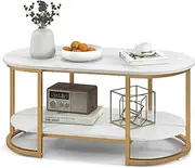 Giantex White Marble Coffee Table - Modern 2-Tier Center Table w/Open Storage Shelf, Oval Accent Table w/Faux Marble Veneer & Gold Finished Metal Frame for Living Room, Bedroom