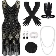 Retro Vintage Roaring 20s 1920s Flapper Dress Outfits Accessories Set The Great Gatsby Wedding Guest Sequins Tassel Fringe Sequin Tassel V Neck Women's Hallowe