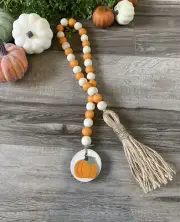 Handmade Wood Bead Garland W Tassel & Pumpkin Natural & Orange Fall