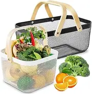 2 Pcs Garden Harvest Basket, Multifunctional Metal Iron Mesh Basket with Wooden Handle Hollowed Out Storage Basket, Fruit Basket for Kitchen, Garden, Picnic, Bathroom, Outdoor Gathering.