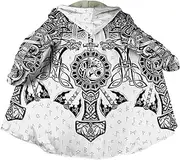 [JHBTFQ] Viking Tattoo Men Hooded Cloak Faux Cashmere Coat Nordic Printed Cosplay Costume Winter Warmer Jacket